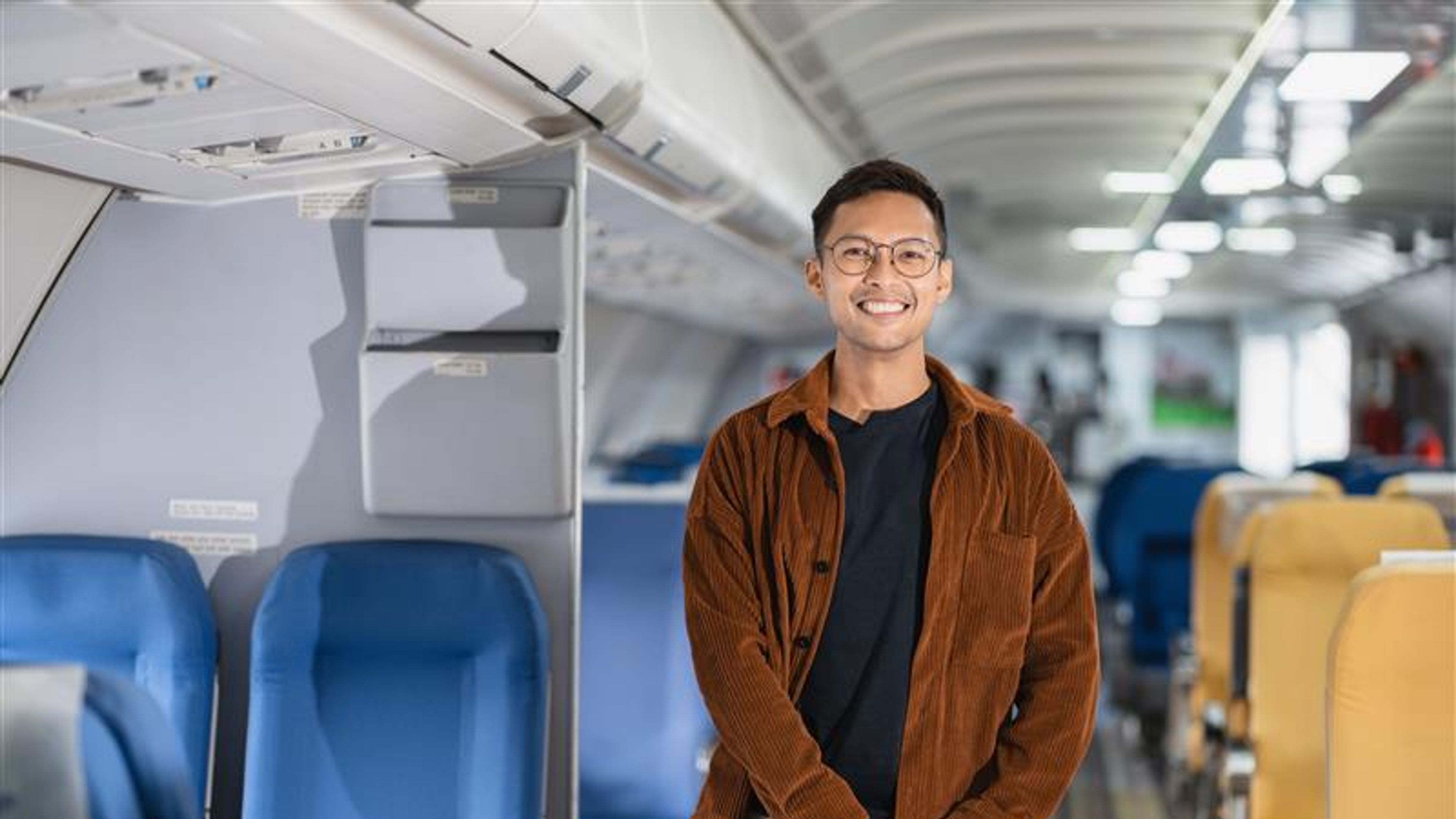 Happy male airplane travel Portrait of woman with journey.