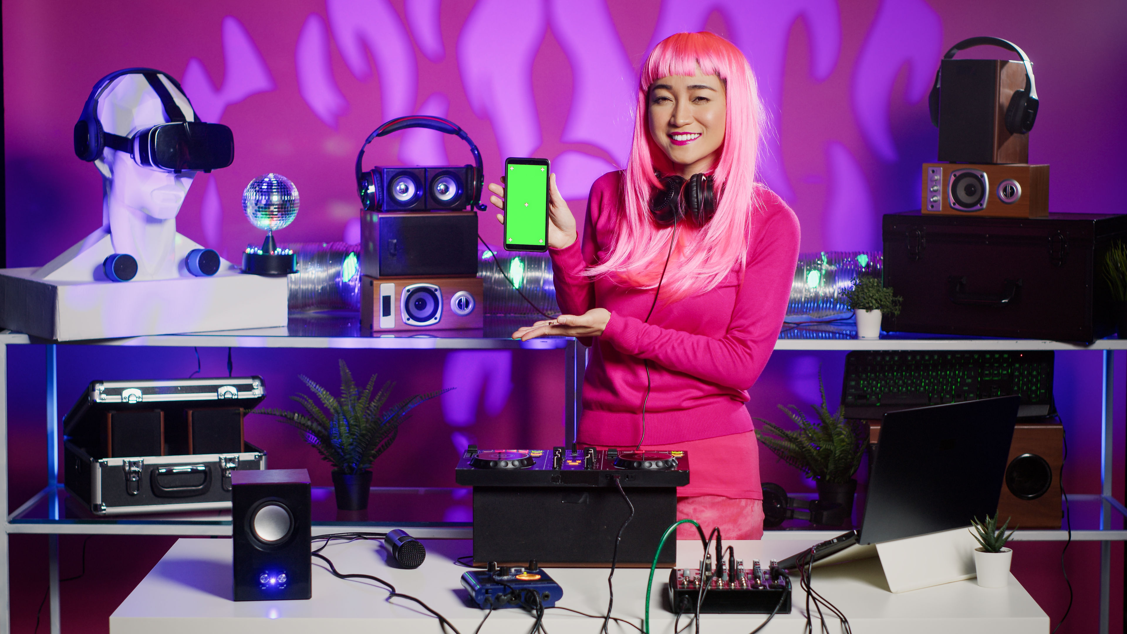 Woman with Pink Hair Holding Phone 